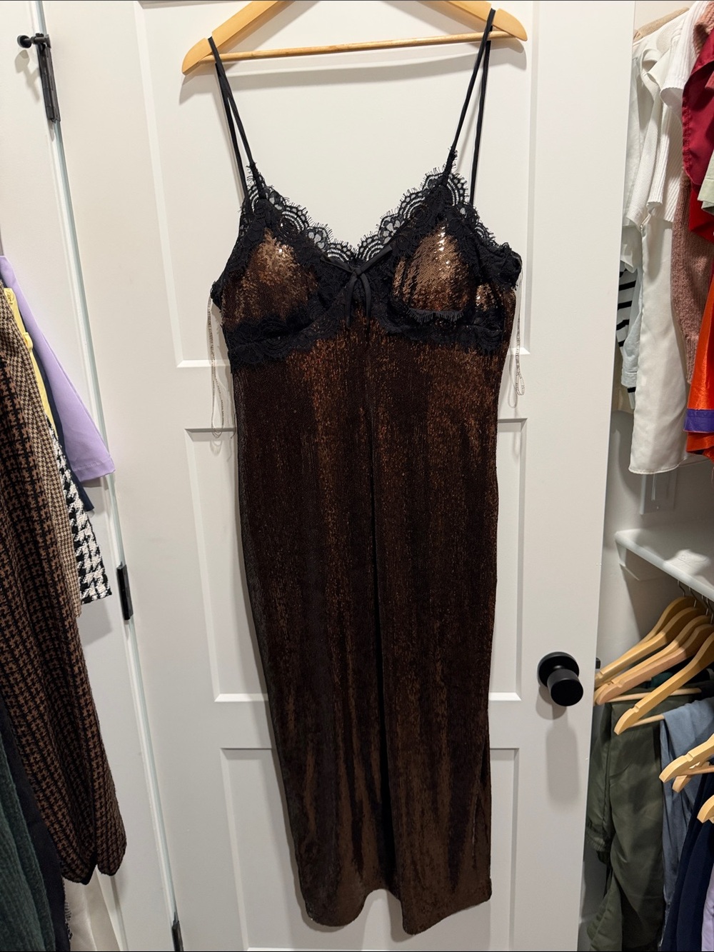 Avec Les Filles Brown Maxi Slip Dress with Black Lace